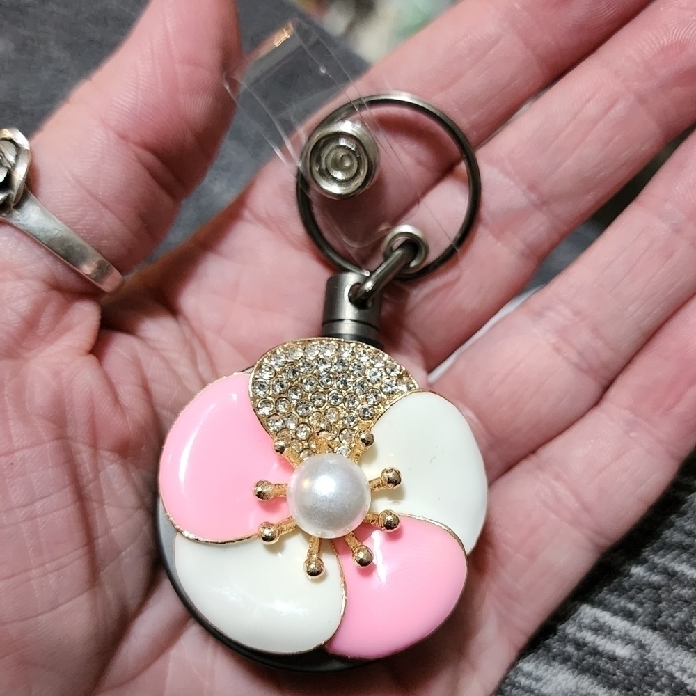 NEW Flower Pink White Enamel Rhinestone Badge Name Tag ID Clip Nurse Medical Job